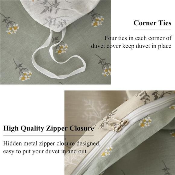 Boho Floral Duvet Cover Queen Soft 100% Cotton Garden Green Floral Bedding Set - Picture 3 of 7